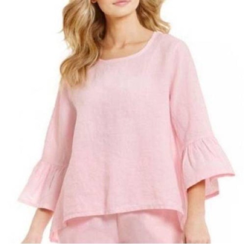 Bryn Walker Fran Bell Ruffle Sleeve Linen Relaxed Tunic Pink